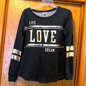 Aeropostale XS Live Love Dream gray gold sequin oversized graphic sweatshirt EUC